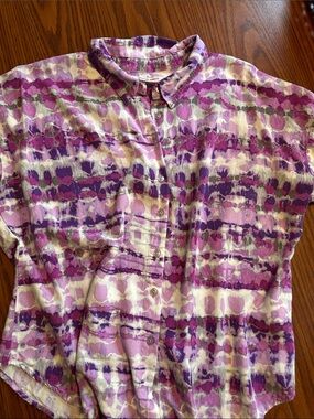 Allison Daley Purple and Cream Watercolor Button-Up Blouse